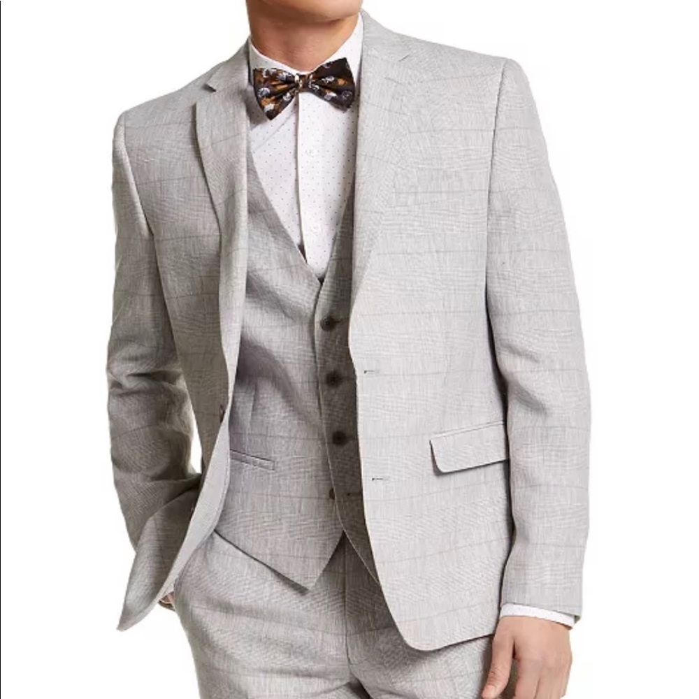 Men's Slim-Fit Gray Plaid Linen Suit (New)